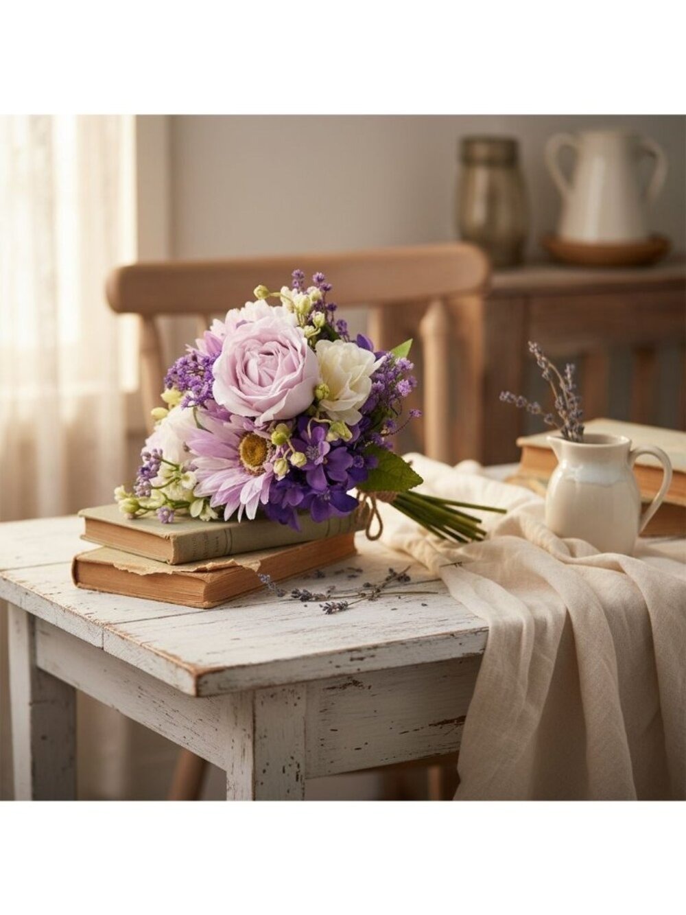 Lavender Purple Artificial Bouquet Real Touch Roses Gerbera Daisy Wedding Bouque - Picture 6 of 10